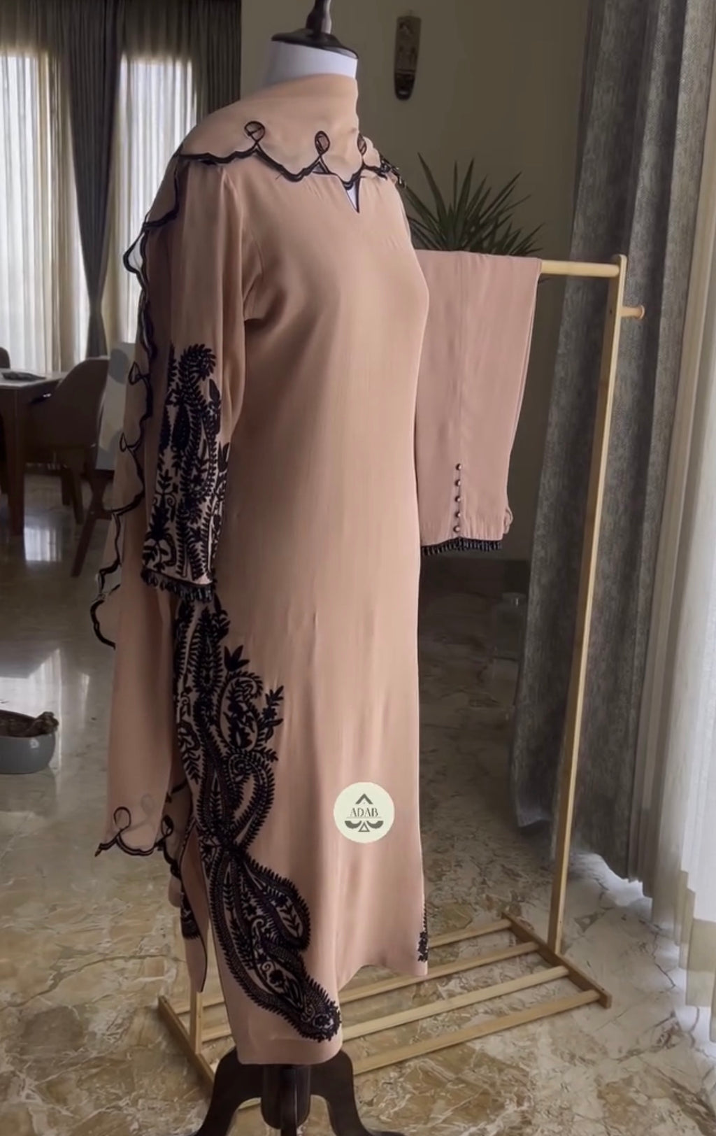 Beige kurta set with black aari work with pants